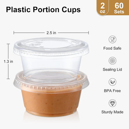 60 Sets - 2 oz Jello Shot Cups, Portion Cups With Lids, Small Plastic Containers with Lids, Airtight and Stackable Souffle Cups