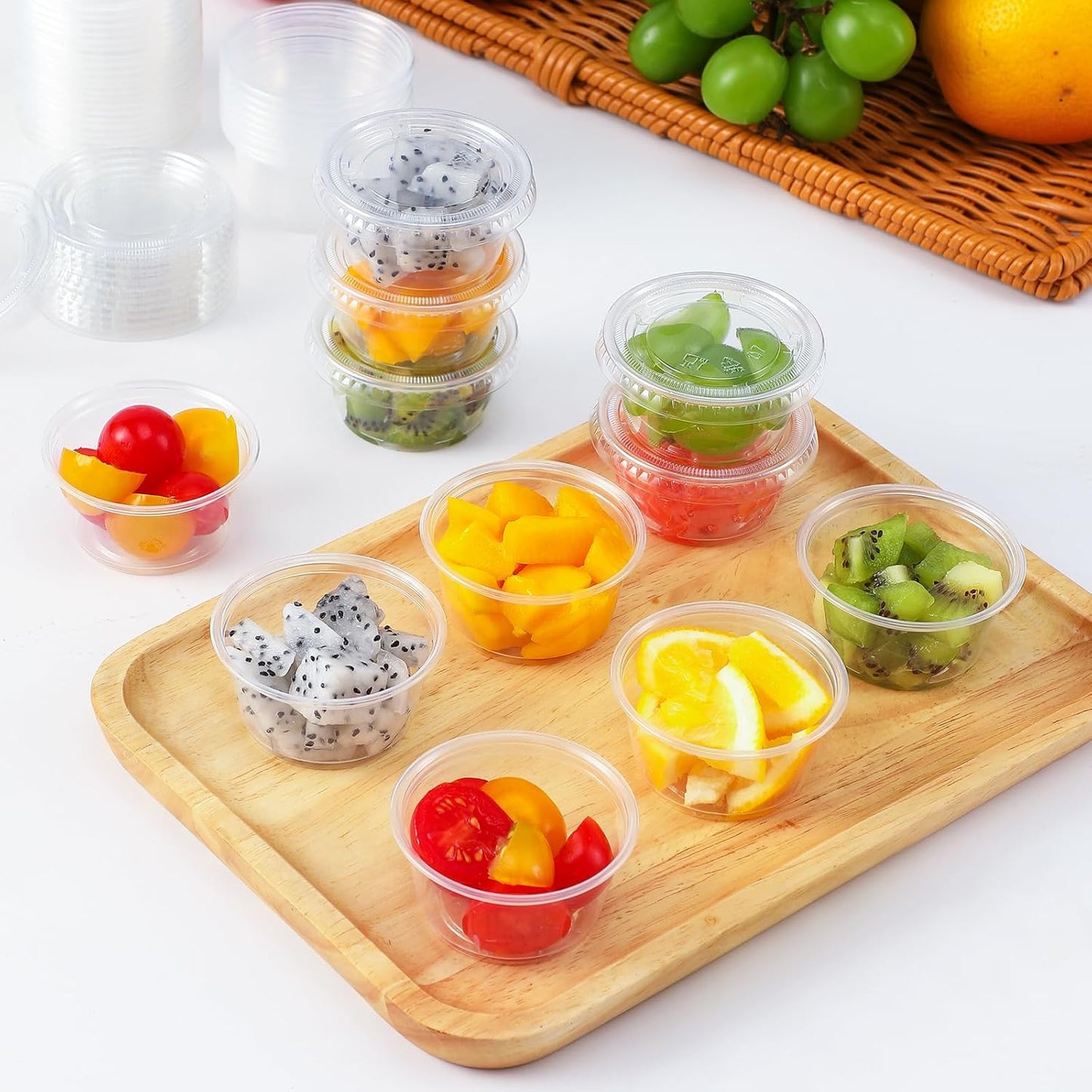 60 Sets - 2 oz Jello Shot Cups, Portion Cups With Lids, Small Plastic Containers with Lids, Airtight and Stackable Souffle Cups