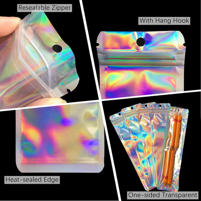 100pcs Holographic Packaging Bags Resealable Smell Proof Bags Pen Packaging for Bead Pens Small Business 2.4x9 inch Party Favor Food Storage