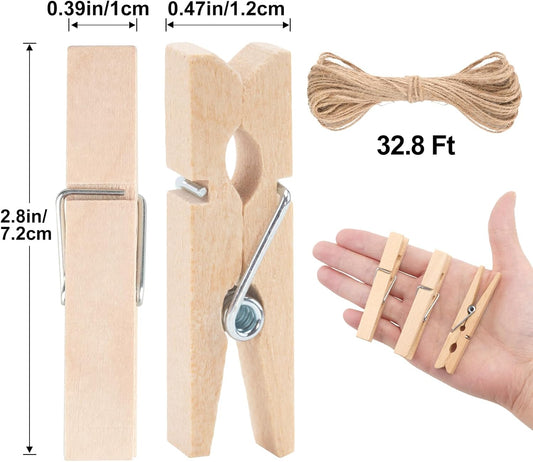 Wooden Clips with String, 50Pcs 2.9Inch Large Clothes Pins, Natural Brown Photo Hanging Clip, Wooden Decoration Clips for DIY Crafts, Storage Bags, Cheer Pins, Hanging Clothes