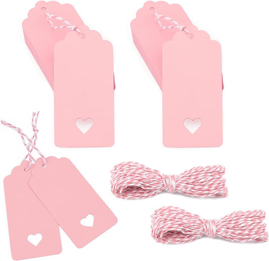 100Pcs Gift Tags with String, Pink Paper Tag with Hollow Heart, 3.7 x 1.7Inch Mother Day Tags, Blank Gift Wrapping Hangtag, Party Favors Tag for Wedding, Birthday, Baby Shower