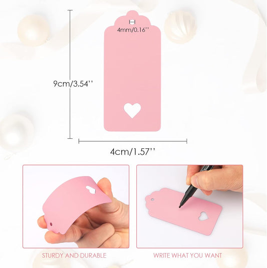 100Pcs Gift Tags with String, Pink Paper Tag with Hollow Heart, 3.7 x 1.7Inch Mother Day Tags, Blank Gift Wrapping Hangtag, Party Favors Tag for Wedding, Birthday, Baby Shower