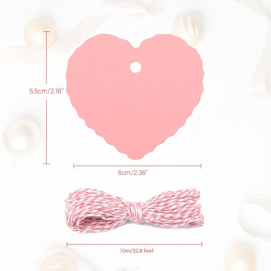 100Pcs Pink Gift Tags, Heart Paper Tags with String, 2.2 x 2.4Inch Blank Mothers Day Tag, Party Favors Hangtag, Gift Wrapping Tag for Birthday, Baby Shower, Wedding