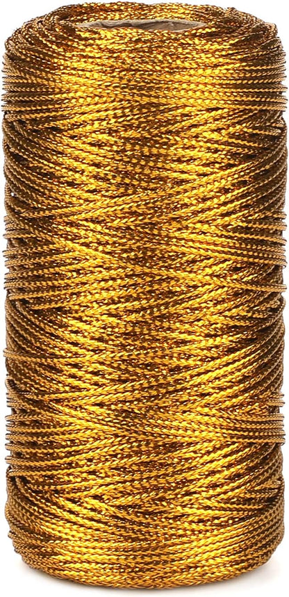 328 Feet Gold String Twine - 1.5mm Metallic Thread Gift Wrapping - 16Ply Inelastic Macrame Glitter Gold Cord for Christmas Halloween Crafting DIY Presents Wrapping Decoration
