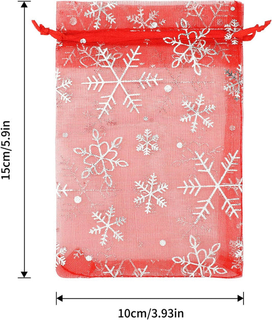 4x6 Inch Christmas Organza Bags - 50Pcs Red Snowflake Gift Bags with Drawstring, Xmas Party Favor Sheer Mesh Pouches for Winter Gift, Candy, Jewelry Bag