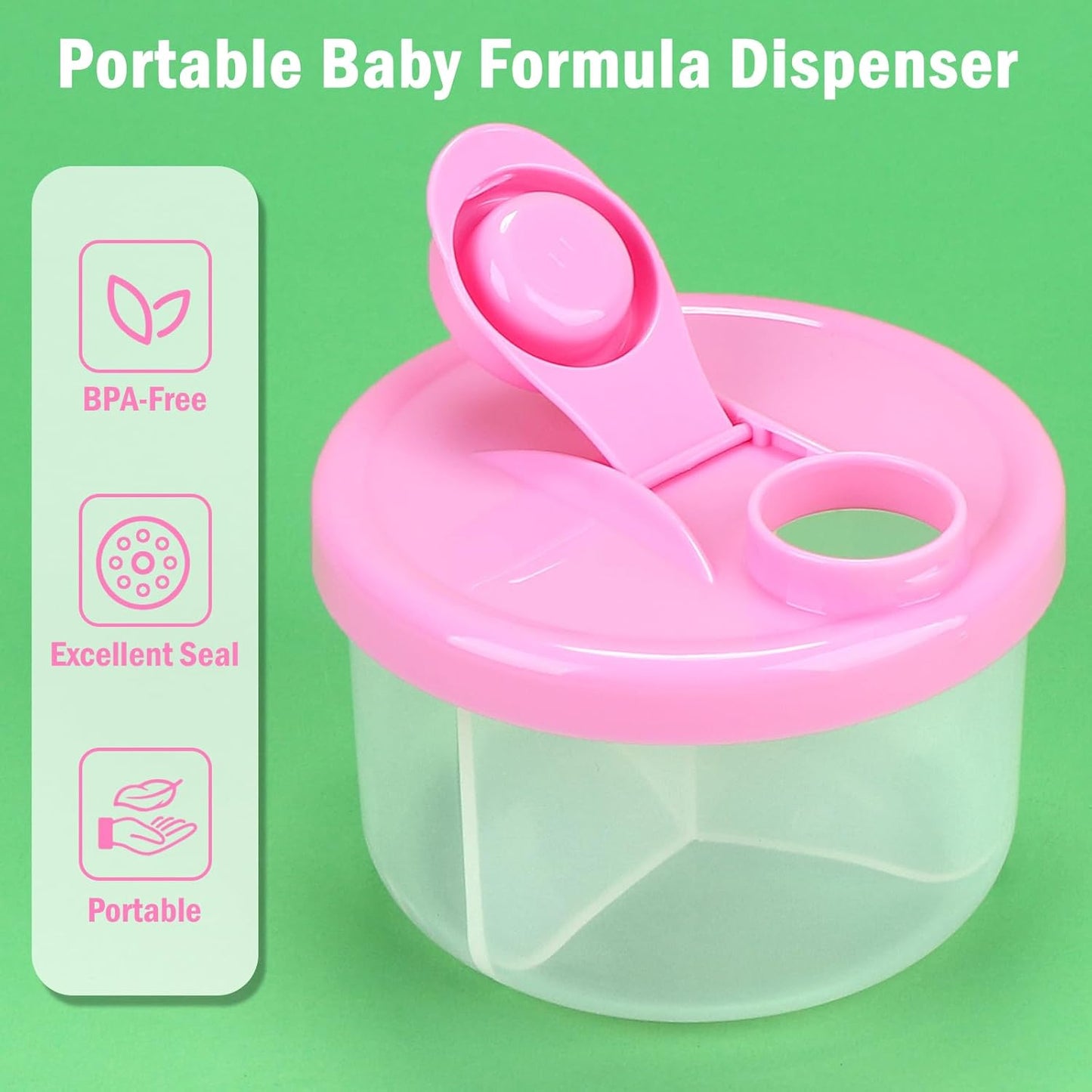 Baby Formula Dispenser On The Go, Non-Spill Rotating Three-Compartment Formula Container to Go, Milk Powder Kids Snack Container for Infant Toddler Travel, Pink