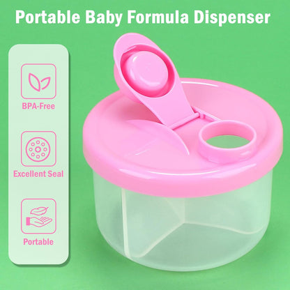 Baby Formula Dispenser On The Go, Non-Spill Rotating Three-Compartment Formula Container to Go, Milk Powder Kids Snack Container for Infant Toddler Travel, Pink