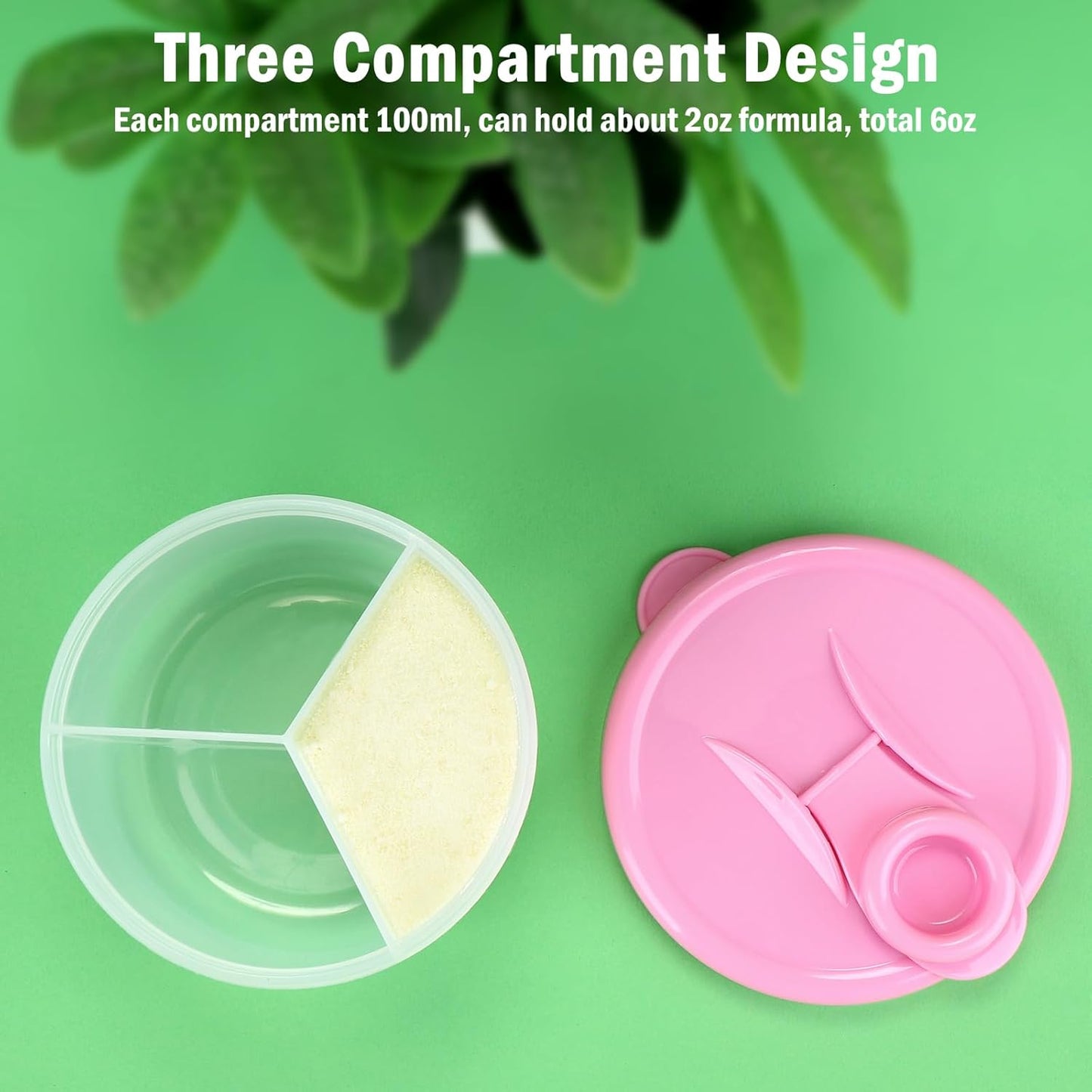 Baby Formula Dispenser On The Go, Non-Spill Rotating Three-Compartment Formula Container to Go, Milk Powder Kids Snack Container for Infant Toddler Travel, Pink