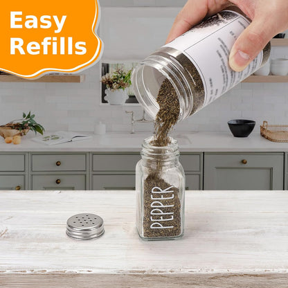 Salt and Pepper Shakers Set, 3oz Glass Salt Pepper Shaker Containers with Stainless Steel Lids for Rustic, Farmhouse, Home Kitchen, Restaurant, Transparent