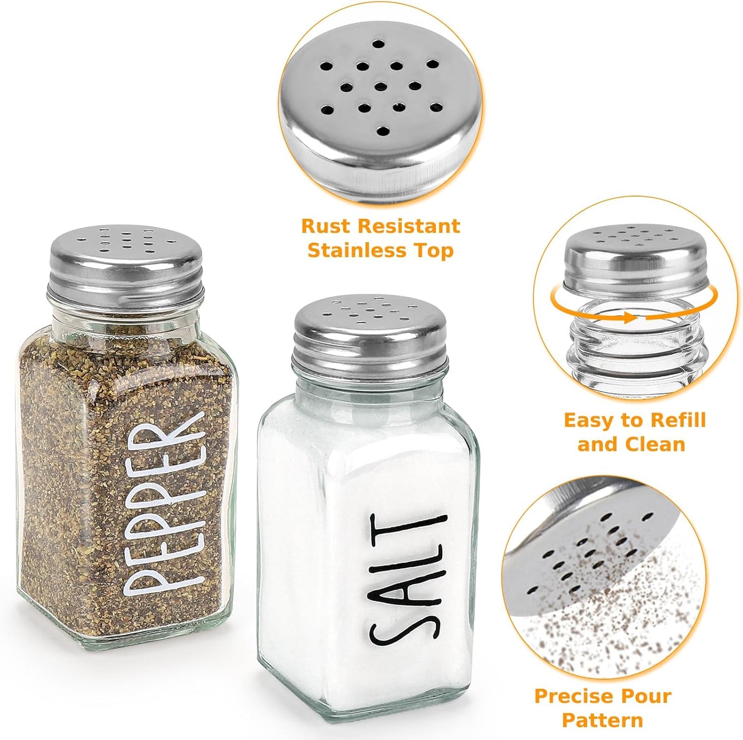 Salt and Pepper Shakers Set, 3oz Glass Salt Pepper Shaker Containers with Stainless Steel Lids for Rustic, Farmhouse, Home Kitchen, Restaurant, Transparent