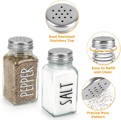 Salt and Pepper Shakers Set, 3oz Glass Salt Pepper Shaker Containers with Stainless Steel Lids for Rustic, Farmhouse, Home Kitchen, Restaurant, Transparent