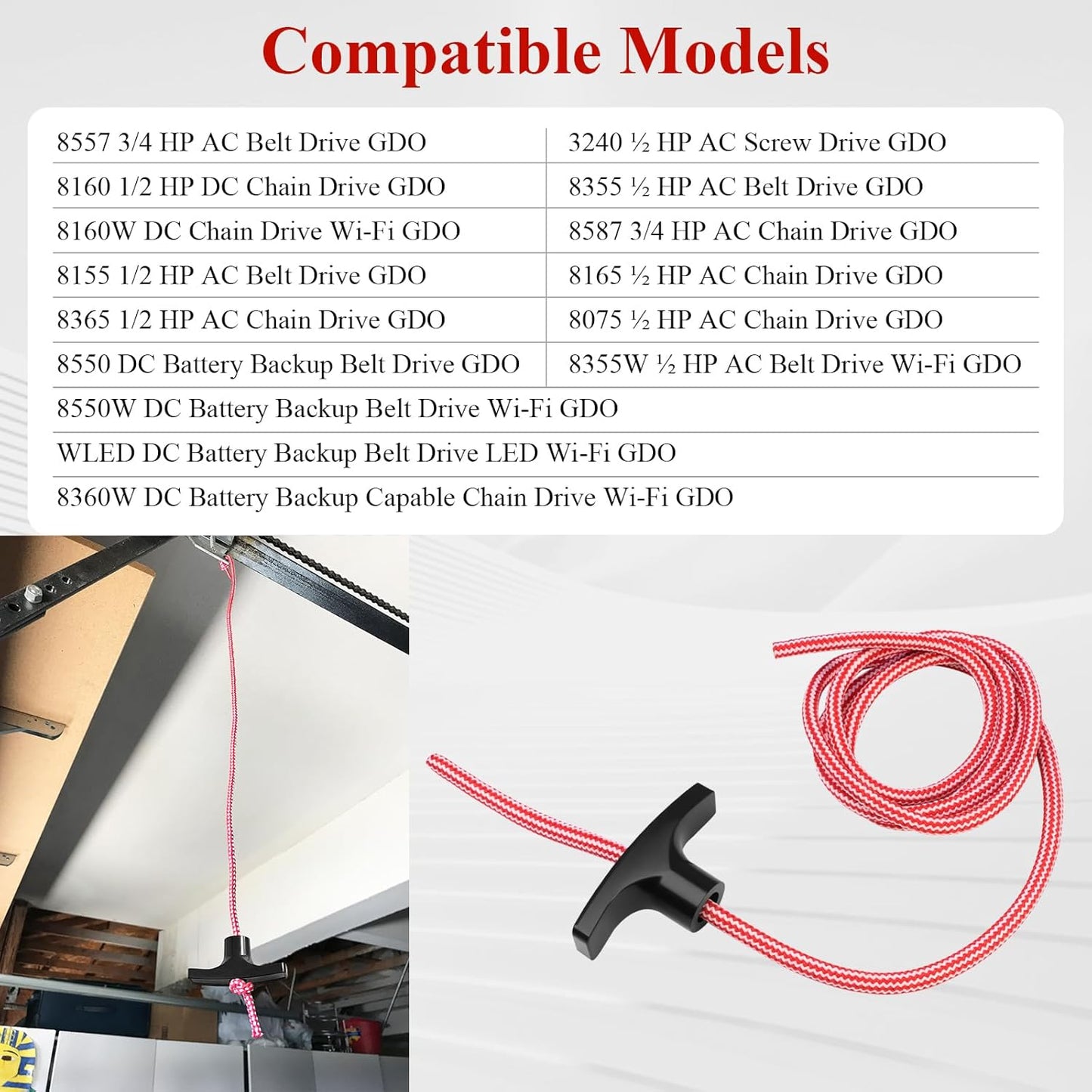 2 Pcs 41A2828 / 041A2828 Rope Handle Kit, Garage Emergency Release Pull Rope Cord Handle Kit, Fit for Chamberlain, Craftsman & LiftMaster Models, Garage Opener, Red White Emergency Pull Rope W/Handle