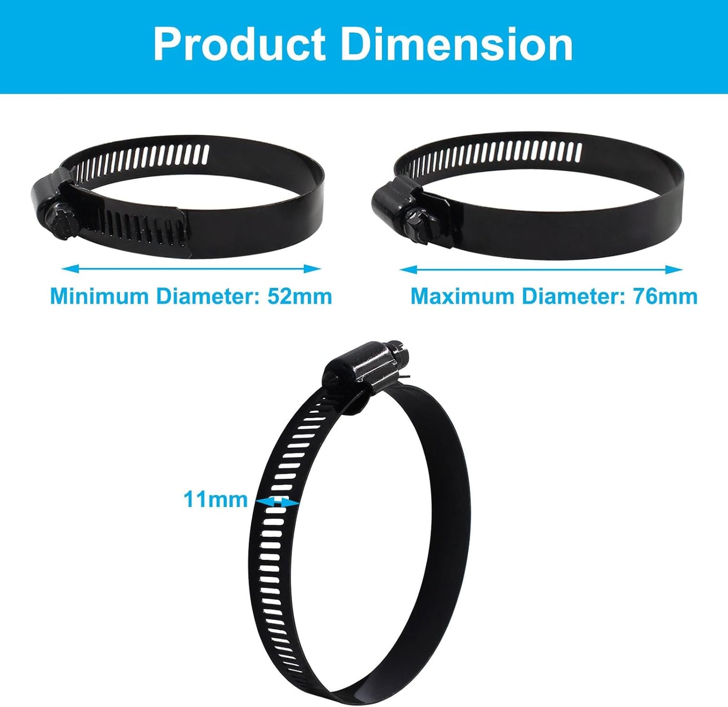 4Pcs 3 Inch Stainless Steel Adjustable 52-76mm Size Range Worm Gear Hose Clamp, Fuel Line Hose Pipe Clamp for Plumbing, Automotive and Mechanical Application
