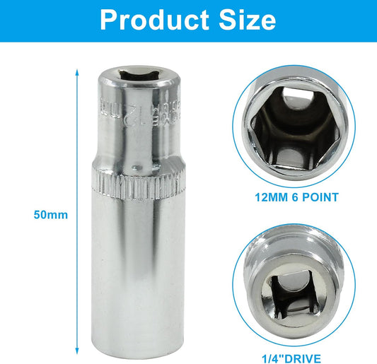 1/4-Inch Drive × 12mm Deep Shallow Socket, 6 Point Shallow Socket, Cr-V, Standard, Metric, 2Pcs