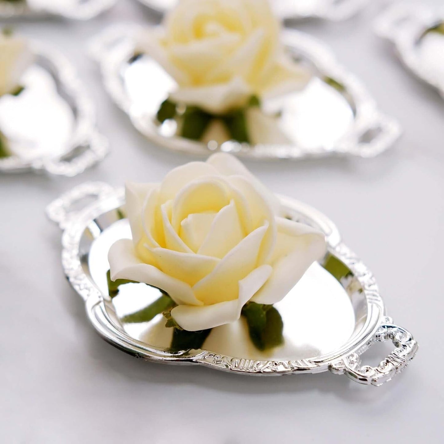 Efavormart 12 Pack - 4.5" Silver Oval Mini Candy Display Tray Favors - Baroque Design for Wedding, Bridal Shower, Baby shower, Birthday, Candy Jars Decorations