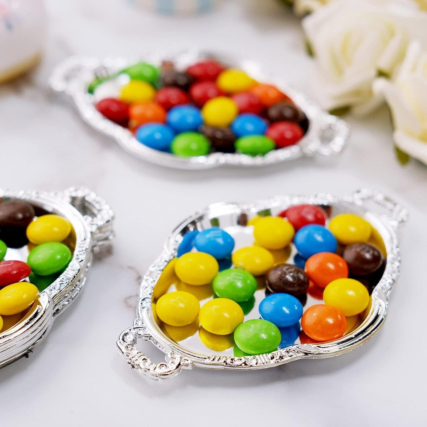 Efavormart 12 Pack - 4.5" Silver Oval Mini Candy Display Tray Favors - Baroque Design for Wedding, Bridal Shower, Baby shower, Birthday, Candy Jars Decorations