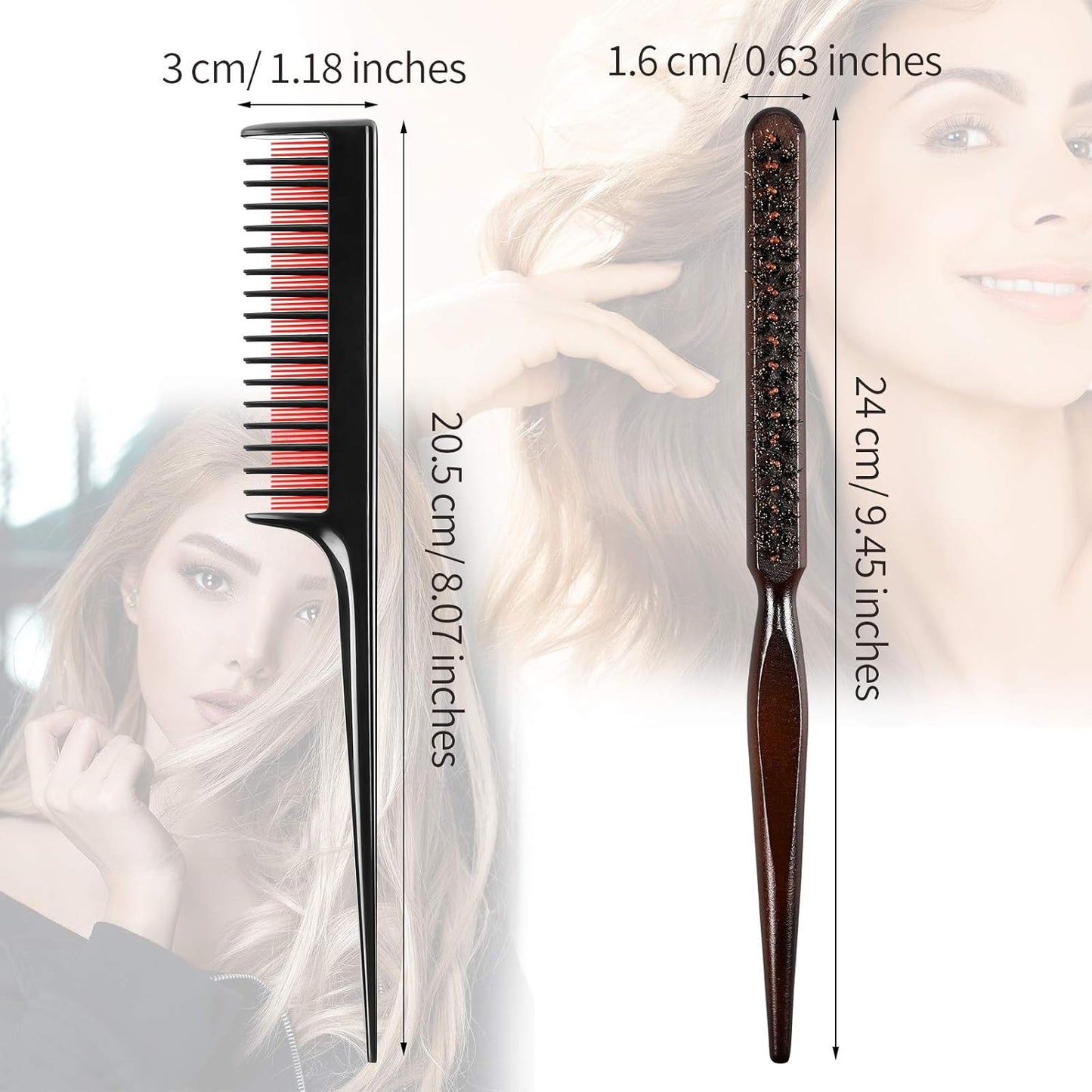 3 Pcs Hair Teasing Comb Set Includes 2 Nylon Triple Comb and Boar Bristle Teaser Brushes for Women Stylist Men Backcombing Slicking Curly Thick Wet Hair(Black)