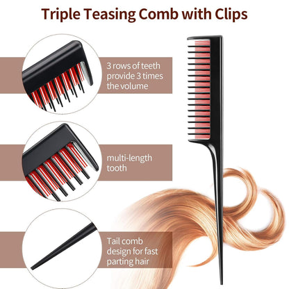 3 Pcs Hair Teasing Comb Set Includes 2 Nylon Triple Comb and Boar Bristle Teaser Brushes for Women Stylist Men Backcombing Slicking Curly Thick Wet Hair(Black)