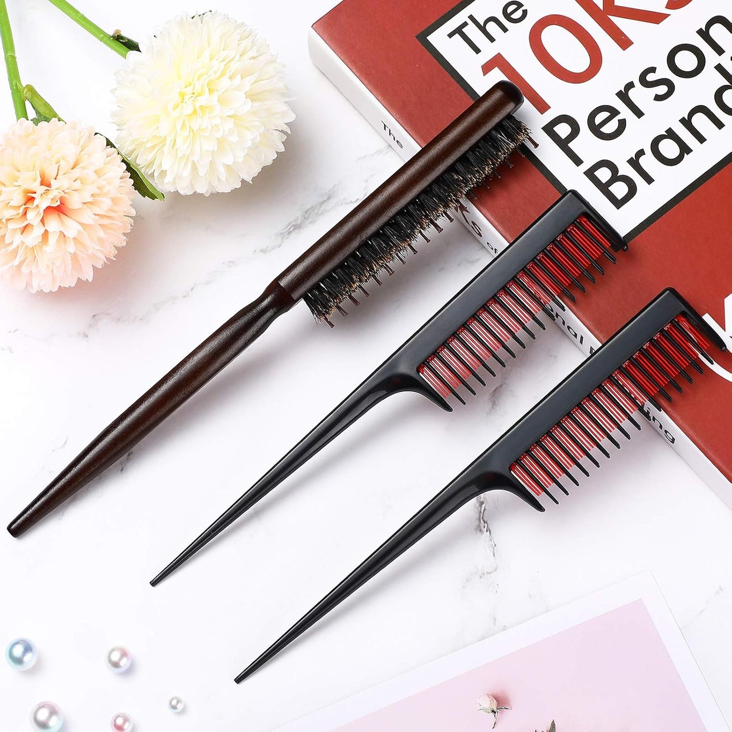 3 Pcs Hair Teasing Comb Set Includes 2 Nylon Triple Comb and Boar Bristle Teaser Brushes for Women Stylist Men Backcombing Slicking Curly Thick Wet Hair(Black)