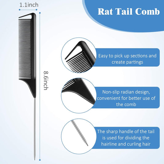 12 Pieces Rat Tail Comb Carbon Fiber Parting Set, Stainless Steel Tail Hair Comb Heat Resistant Teasing for Braid Hair Salon Home Use