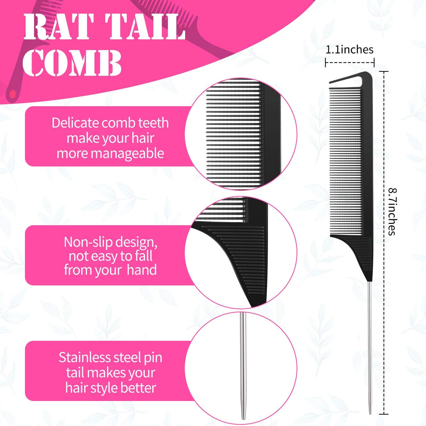 Hair Comb Set, 8 Pieces Rat Tail Combs, Teasing Combs, and Hand-held Alligator Clips, Carbon Fiber & Metal, for Hair Stylist, Braiding, Hair Women Girls, Daily Use