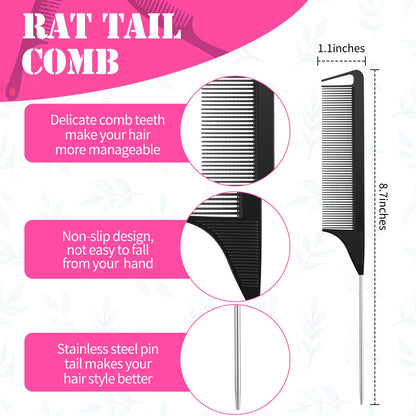 Hair Comb Set, 8 Pieces Rat Tail Combs, Teasing Combs, and Hand-held Alligator Clips, Carbon Fiber & Metal, for Hair Stylist, Braiding, Hair Women Girls, Daily Use