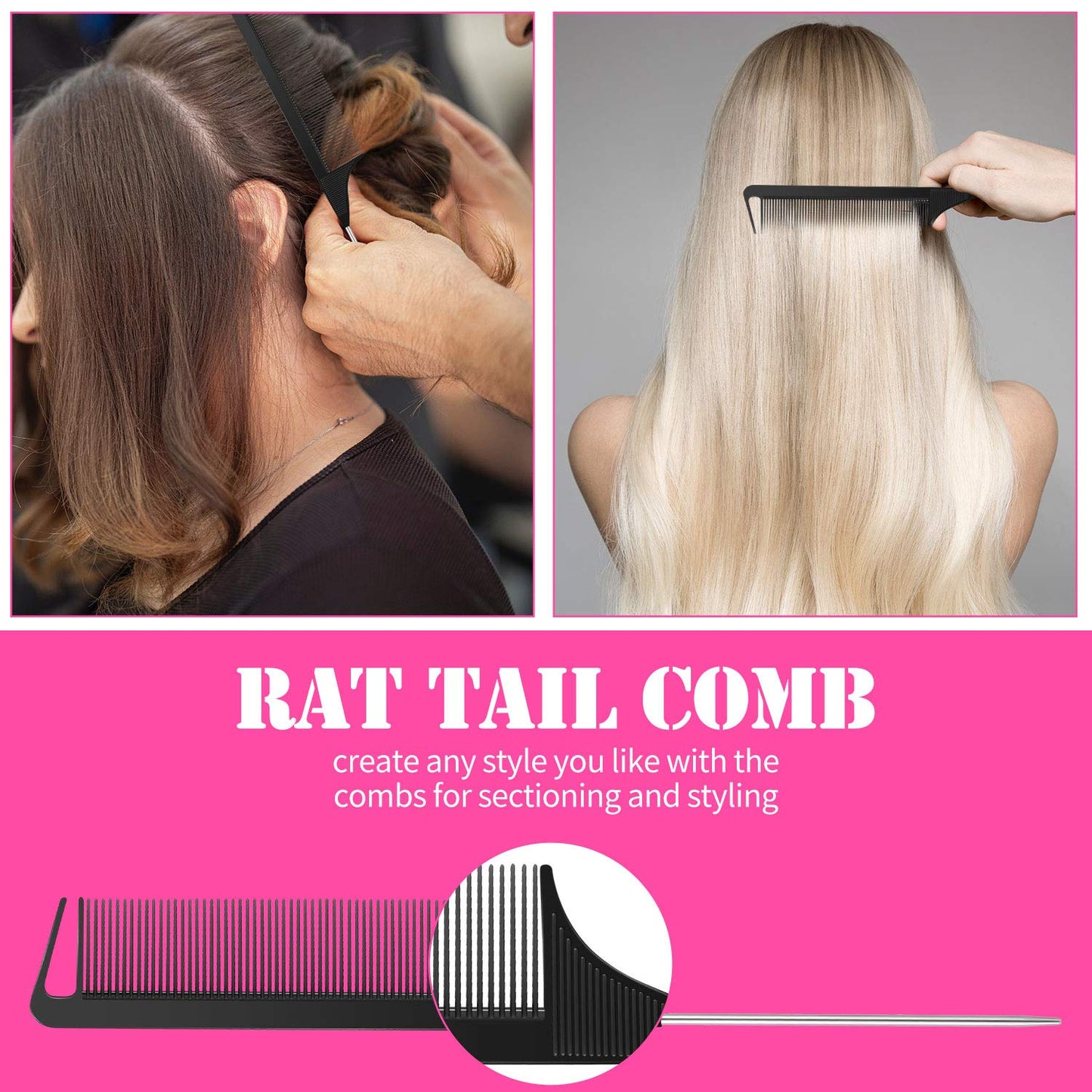 Hair Comb Set, 8 Pieces Rat Tail Combs, Teasing Combs, and Hand-held Alligator Clips, Carbon Fiber & Metal, for Hair Stylist, Braiding, Hair Women Girls, Daily Use