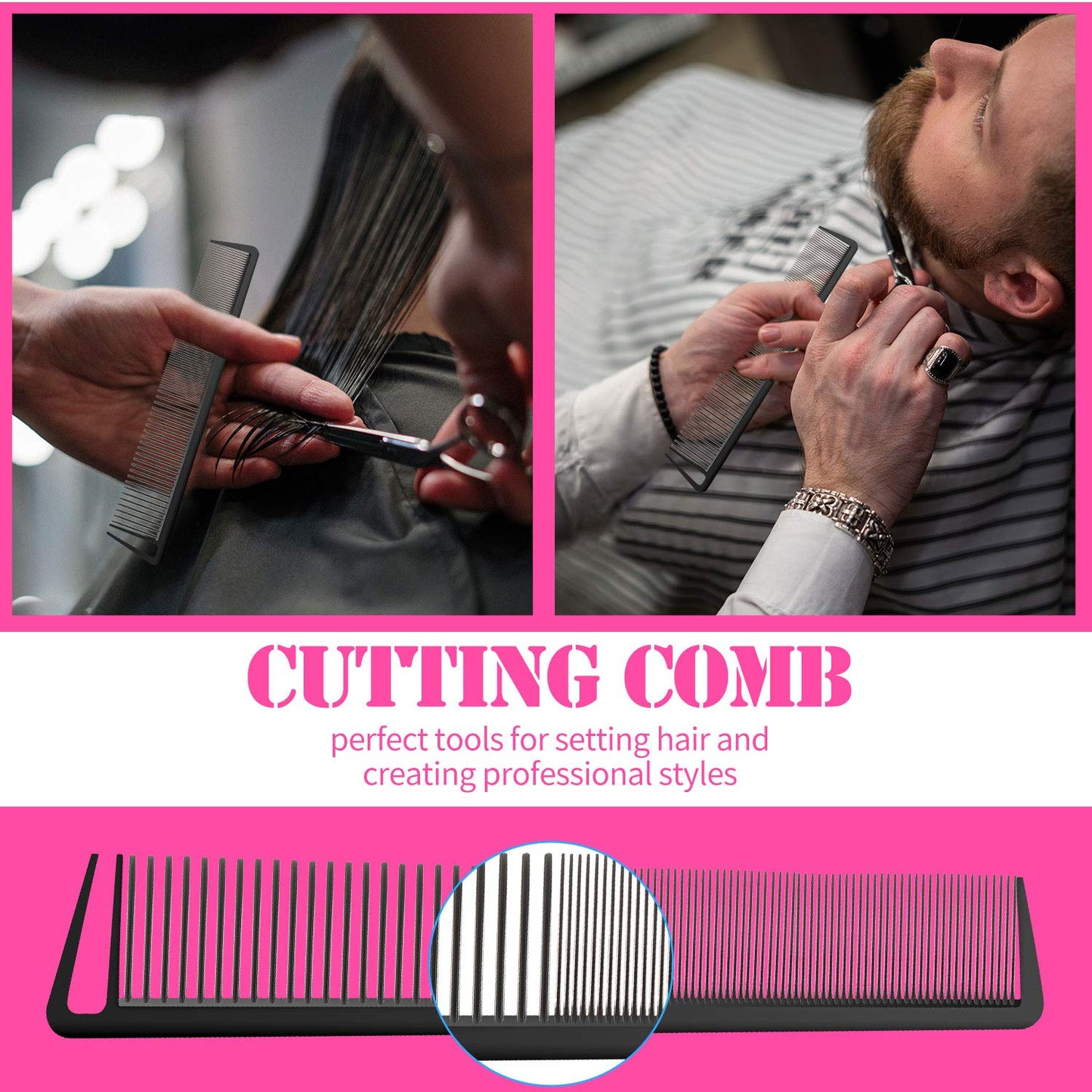 Hair Comb Set, 8 Pieces Rat Tail Combs, Teasing Combs, and Hand-held Alligator Clips, Carbon Fiber & Metal, for Hair Stylist, Braiding, Hair Women Girls, Daily Use