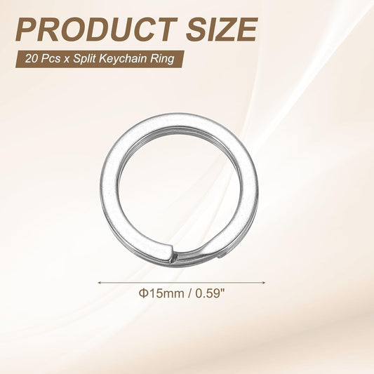 20pcs Split Keychain Rings, 15mm Round Flat Keyrings Stainless Steel Open Key Chain Ring Dog Tag Rings for DIY Keychain Craft Lanyard, 1.5mm Thick, Silver