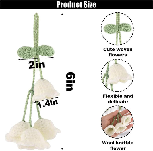 Car Mirror Hanging Accessories, Cute Crochet Suzuran Car Rearview Mirror Charm, Handmade Knitting, Fit for Backpack, Keychain (White)
