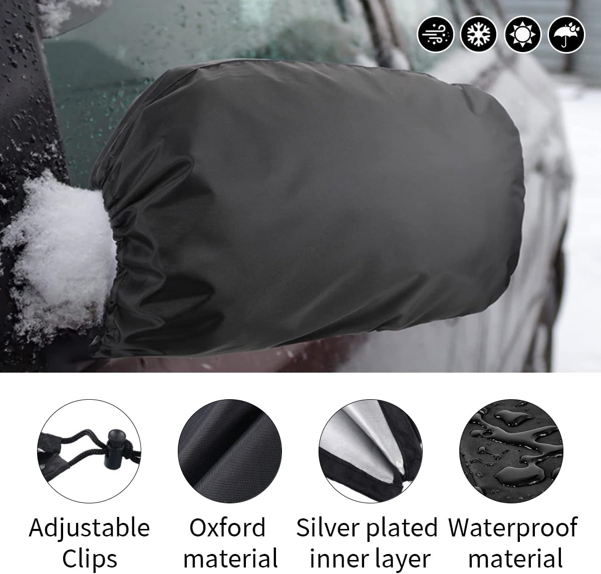 4PCS Car Side Mirror Covers - Waterproof Snow Mirror Cover Protects from Ice Snow Frost Dew Rain Bird Poop - Silver Coated Rearview Protection Cover Winter Snowproof Accessories for Cars Trucks SUVs