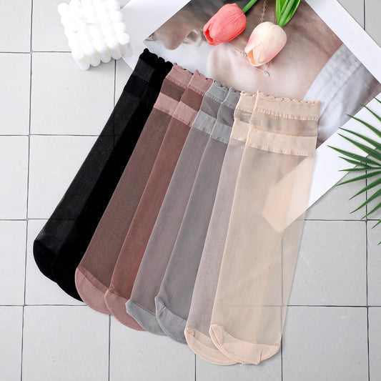 8 Pairs Womens Sheer Ruffle Socks, Ultra Thin Nude Ankle Socks, See Through Silk Nylon Stockings, Anti-Slip Invisible Elastic Short Sheer Sock for Women, Cool Breathable Summer Sock (4 Colors)