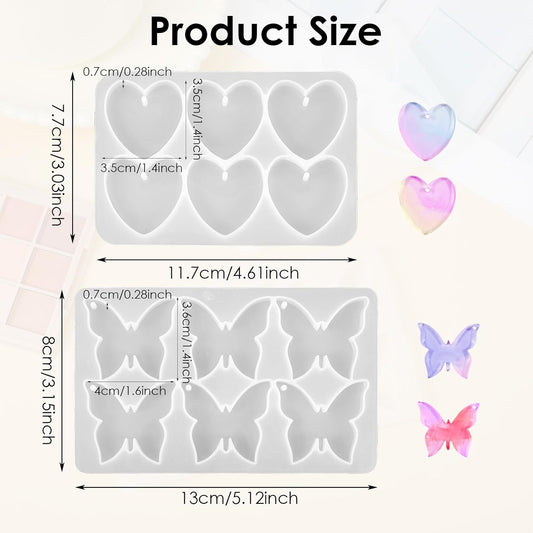 Butterfly Molds Silicone, 2 Pack Fondant Molds 6 Grids Epoxy Resin Mold with Hole Keychain Pendant Mold Heart Shape for DIY Crafts Jewelry Making