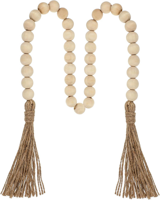 34in Farmhouse Wood Beads Garland with Tassels, Decorative Bead Home Decor Wooden Beads Garland Country Room Hanging for Wood Entryway Table, Shelf, Tray, Curtain Decor (Beige)