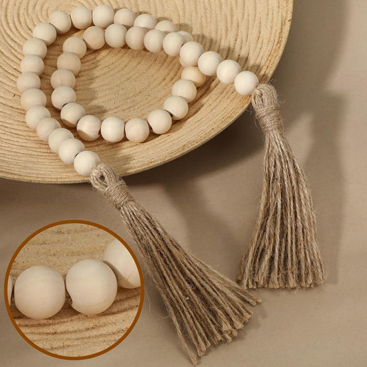 34in Farmhouse Wood Beads Garland with Tassels, Decorative Bead Home Decor Wooden Beads Garland Country Room Hanging for Wood Entryway Table, Shelf, Tray, Curtain Decor (Beige)