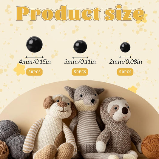 Small Safety Eyes for Crocheting,150PCS Glass Eyes for Crafts 2/3/4mm Black Beans Needle Type Glass Eye Doll Eyeballs Ball Craft Eye for DIY Bear Plush Animal Puppet Needle Felting Dolls Sewing Crafts