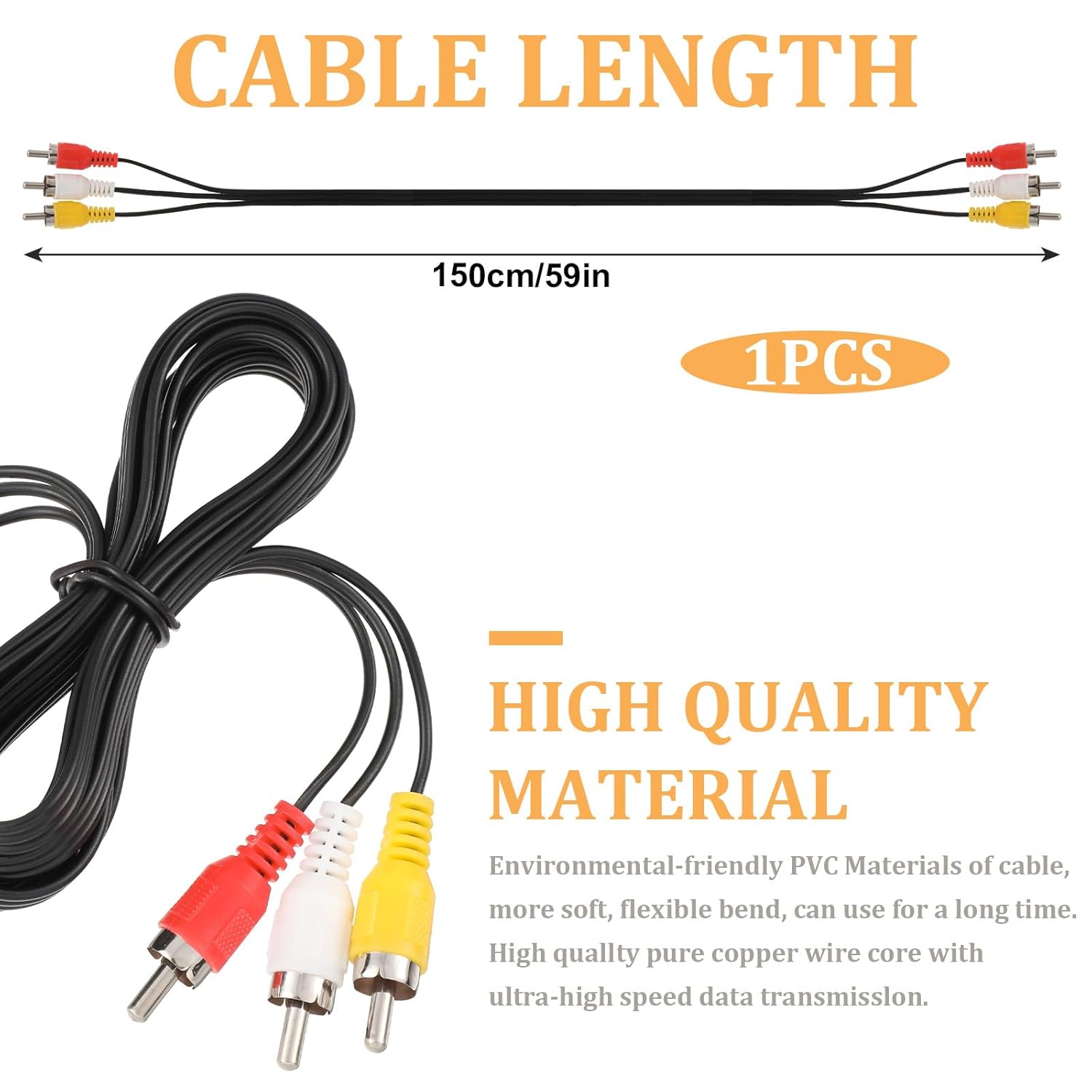 5FT RCA Audio Video Composite Cable, AV Cable Red/White/Yellow 3 Male to 3 Male for TV, DVD, VCR, Projector, Amplifier, Speaker, Satellite, Home Theater Receivers.
