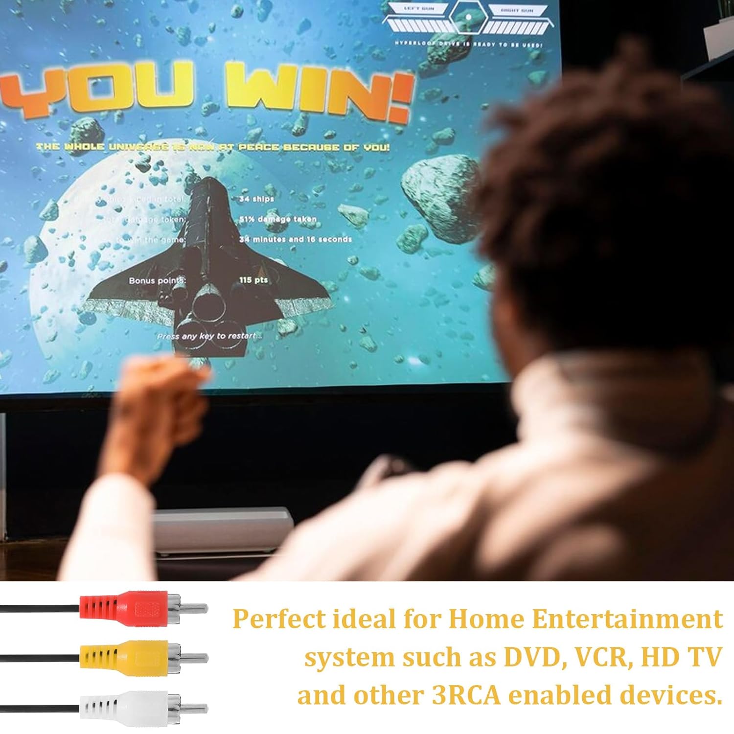 5FT RCA Audio Video Composite Cable, AV Cable Red/White/Yellow 3 Male to 3 Male for TV, DVD, VCR, Projector, Amplifier, Speaker, Satellite, Home Theater Receivers.