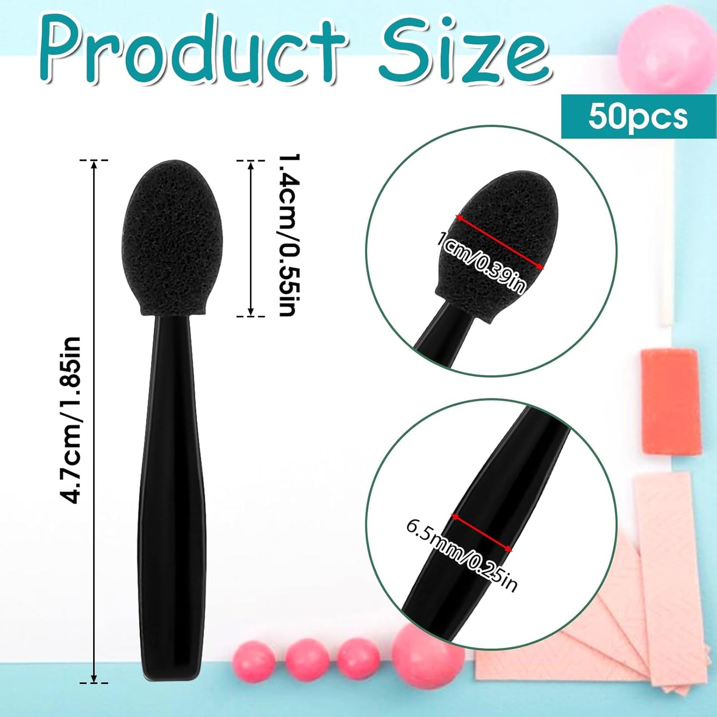 50 Pcs Eye Shadow Applicator Sticks, 1.9" Reusable Short Handle Dual Sided Sponge Cosmetic Brushes, Professional Disposable Single Head Soft Mini Portable Makeup Tools for Cream (Black)