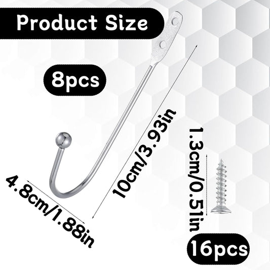 8 Pcs Metal Curtain Holdbacks, Curtain Tiebacks Wall Mounted Curtains Hooks Decorative Drapery Tie Backs Retro Window Hook with Screws for Drapes, Home Decor (Silver)