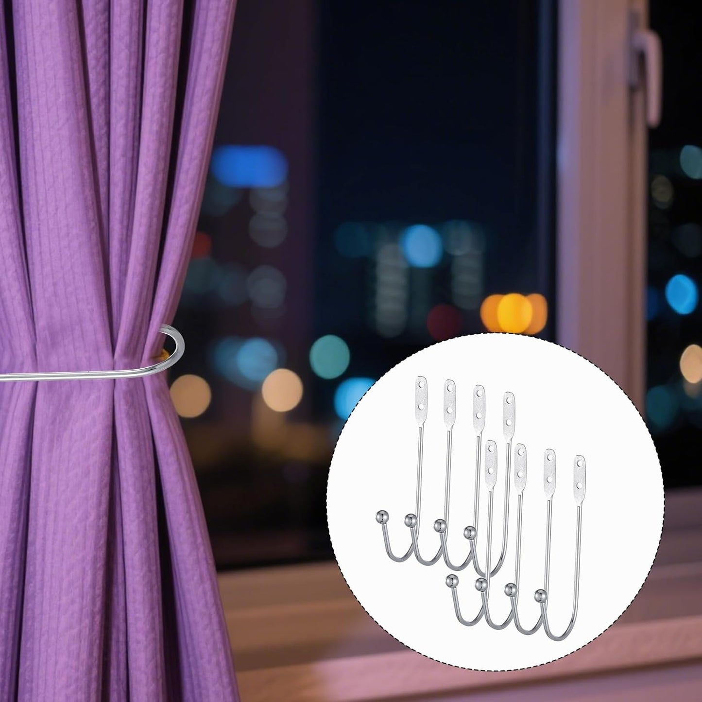 8 Pcs Metal Curtain Holdbacks, Curtain Tiebacks Wall Mounted Curtains Hooks Decorative Drapery Tie Backs Retro Window Hook with Screws for Drapes, Home Decor (Silver)