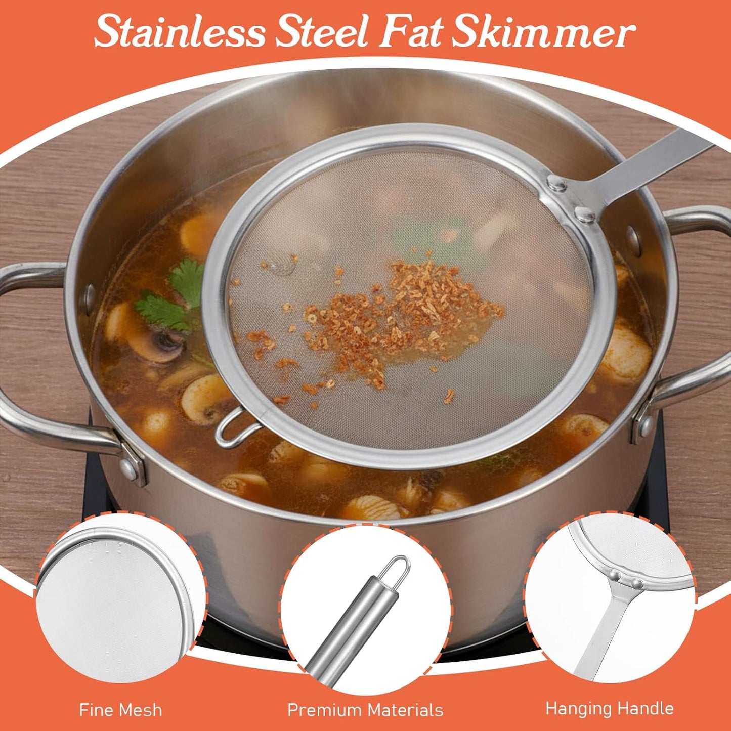 Stainless Steel Fat Skimmer Spoon 4â Fine Mesh Strainer with 9â Heat-Resistant Handle Grease Strainer Spoon Fat Separator for Cooking Frying Quinoa Soup Miso Foam Grease.