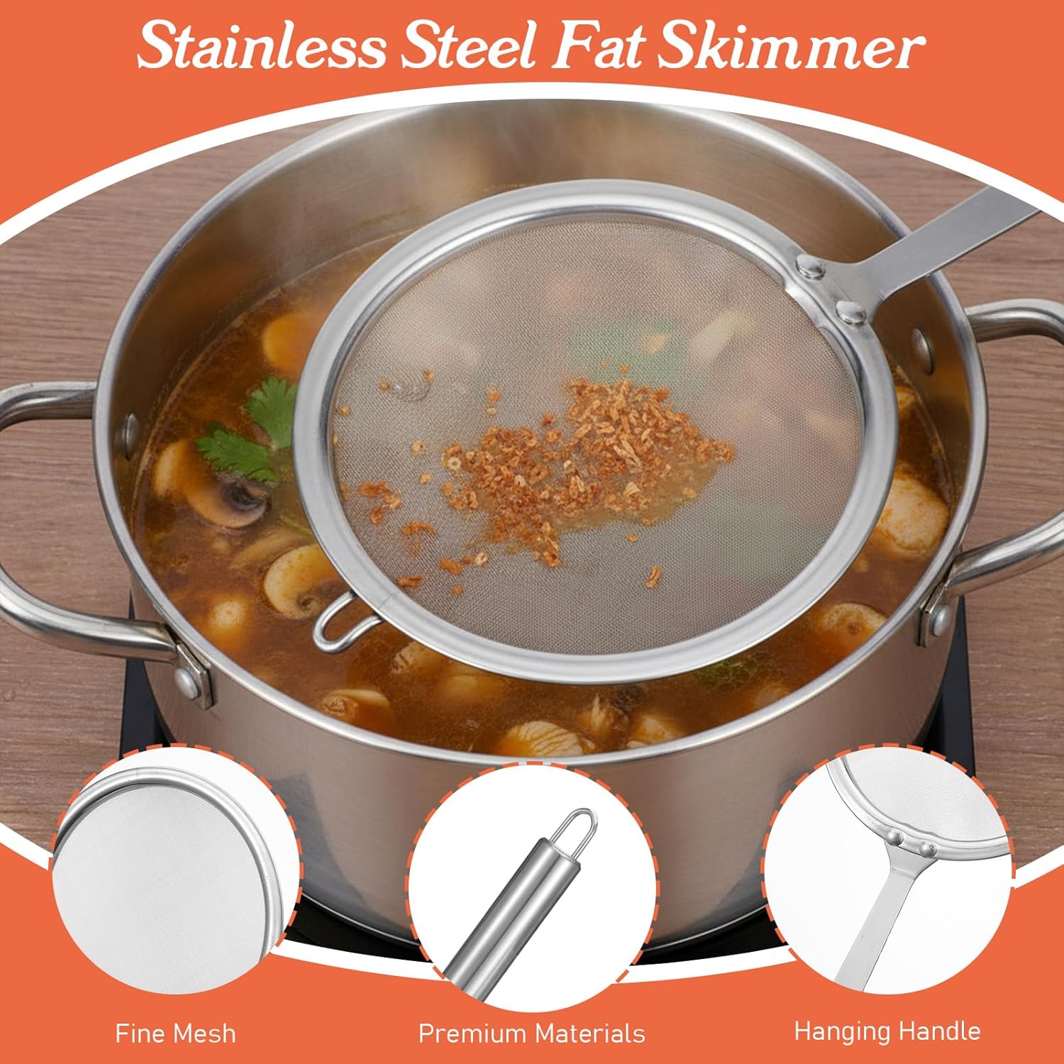 Stainless Steel Fat Skimmer Spoon 4â Fine Mesh Strainer with 9â Heat-Resistant Handle Grease Strainer Spoon Fat Separator for Cooking Frying Quinoa Soup Miso Foam Grease.