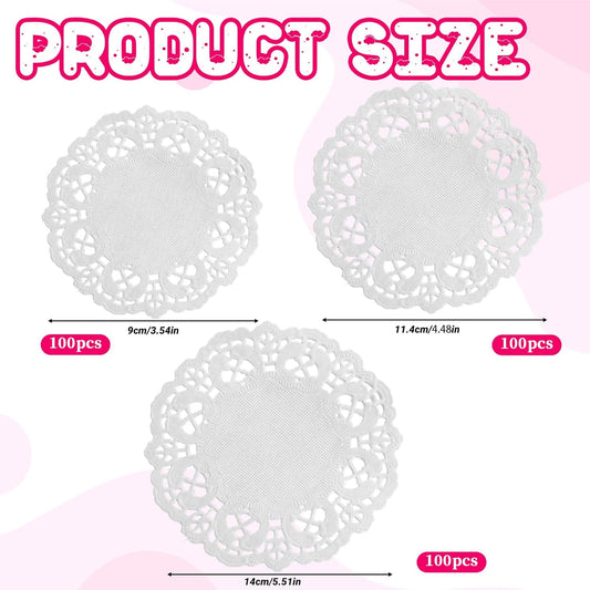 300 Pcs Paper Doilies, 3 sizes Lace Doilies Paper Round Disposable Placemats White-Doilies for Tables Dessert Trays Party Craft Wedding Birthday Cakes Tableware Decorations (3.5 in, 4.5 in, 5.5 in)