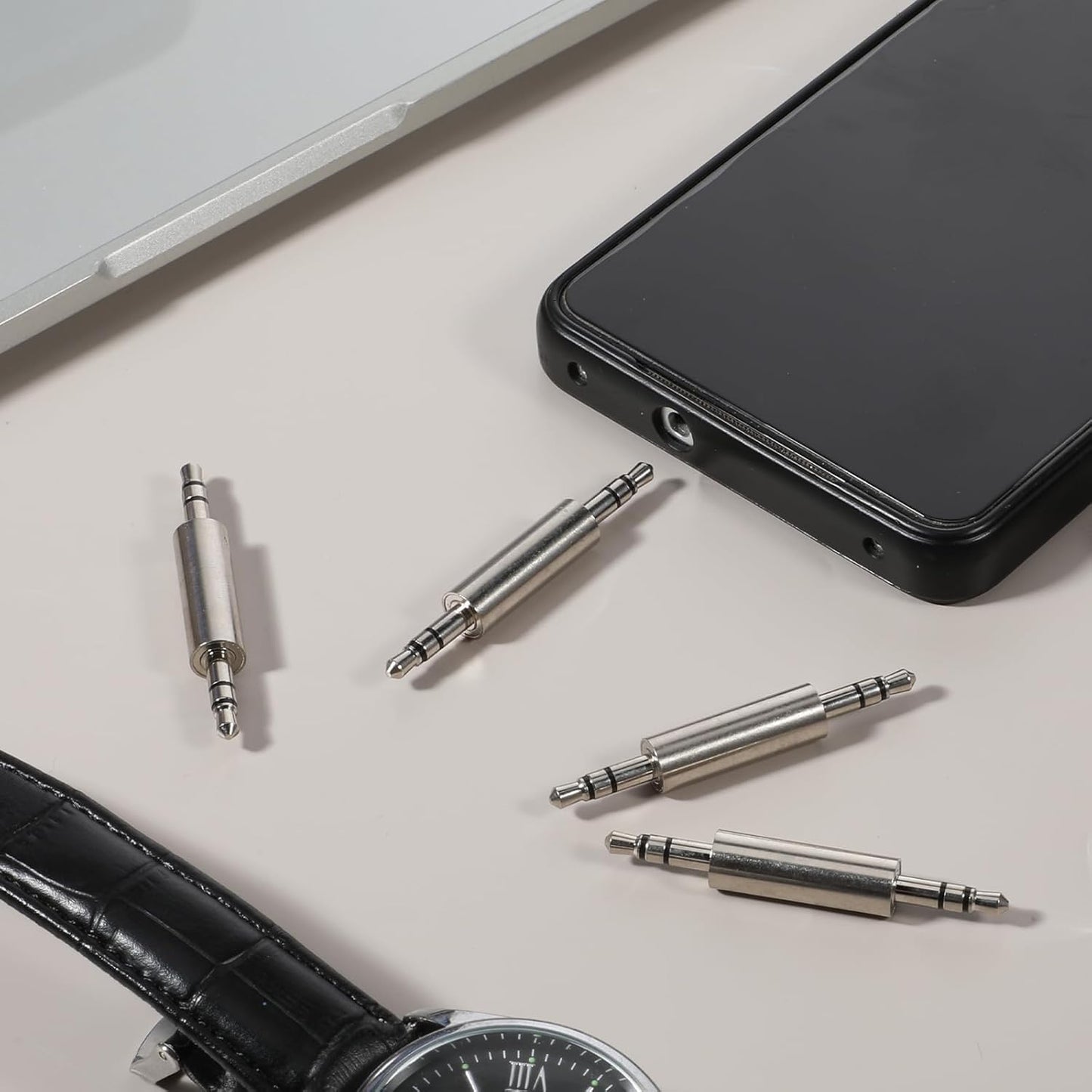 3.5 mm Male to Male Audio Cable Connector, 4 Pack 1/8" Audio Jack Stereo Jack Adapter Metal Silver Headphone Jacks Coupler Connector for Smartphones, Mic