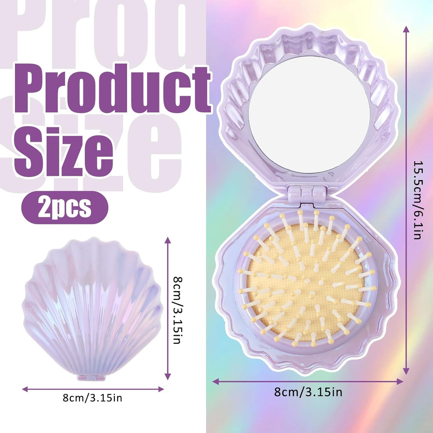 2 PCS Shell Folding Hair Brush with Mirror, Foldable Mini Hairbrush Retractable Purse Combs Cute Small Travel Brushes for Women, Portable Shell Pocket Comb for Purse (Purple, Green)
