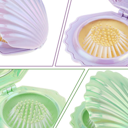2 PCS Shell Folding Hair Brush with Mirror, Foldable Mini Hairbrush Retractable Purse Combs Cute Small Travel Brushes for Women, Portable Shell Pocket Comb for Purse (Purple, Green)