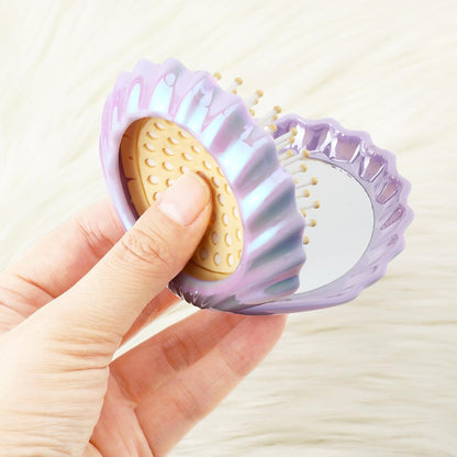 2 PCS Shell Folding Hair Brush with Mirror, Foldable Mini Hairbrush Retractable Purse Combs Cute Small Travel Brushes for Women, Portable Shell Pocket Comb for Purse (Purple, Green)