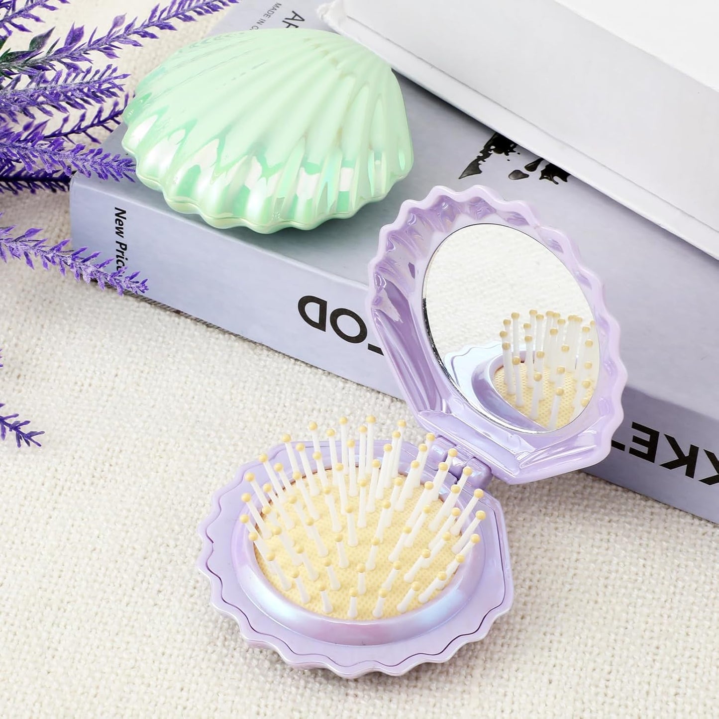 2 PCS Shell Folding Hair Brush with Mirror, Foldable Mini Hairbrush Retractable Purse Combs Cute Small Travel Brushes for Women, Portable Shell Pocket Comb for Purse (Purple, Green)