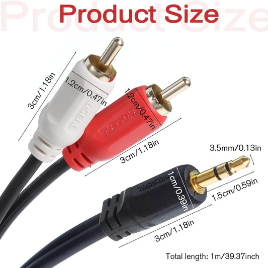 3.5 mm to 2RCA Audio Cable, 3.2 ft/1 m Gold-Plated Plug Stereo Y Splitter Cord, Aux to RCA Cable Audio Jack Adapter for Home Theater, Speakers, TV, Subwoofer, Smartphone, MP3/MP4, DVD Player